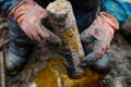 Close-up of a worker's hands showcasing a core sample of rock from an oil well. Oil is present on the surface Royalty Free Stock Photo