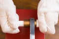 Close-up, workerÃ¢â¬â¢s hands in white gloves, installation process, adhesions of polypropylene pipes Royalty Free Stock Photo