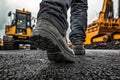 Close-up of a worker's orange boots stepping on freshly laid asphalt, symbolizing construction, progress, hard work Royalty Free Stock Photo