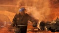 Close up for a worker wearing uniform cleaning furnace at the metallurgical plant. Stock footage. Furnaceman in helmet