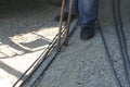 Workers are bending steel with steel bending equipment Royalty Free Stock Photo