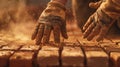 Close up of workers hands laying bricks in dusty construction site with reddish tone ambiance Royalty Free Stock Photo