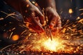 Close-up of workers welding metal parts with sparks flying, detailed craftsmanship