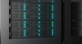 Close up in Working Data Center Full of Rack Servers and Supercomputers. High Internet Visualisation Projection. IT Technician