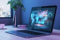 Close up of workplace with laptop, plant in vase, coffee cup and creative global forex chart on dark background. Concept of stock