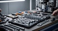 Close Up Workshop Table Arrangement with Various Tools Against a Blurred Background with Overhead Lighting for Industrial or Royalty Free Stock Photo