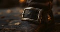 Close-up of a worn leather boot with a large metallic buckle on a dark textured surface Royalty Free Stock Photo
