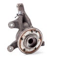 A close-up of a worn metal wheel hub with oil and rust elements on a white background. Seasonal undercarriage repair and