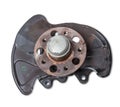 A close-up of a worn metal wheel hub with oil and rust elements on a white background. Seasonal undercarriage repair and