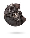 A close-up of a worn metal wheel hub with oil and rust elements on a white background. Seasonal undercarriage repair and