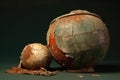 close-up of a worn-out jai alai ball and cesta, showing use