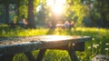 Close-up of a worn wooden picnic table with character, perfect for a summer picnic theme Royalty Free Stock Photo