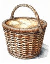 Close Up of Woven Brown Wicker Basket with Handle on White Background Royalty Free Stock Photo