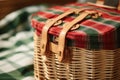 close-up of a woven picnic basket with a checkered cloth Royalty Free Stock Photo