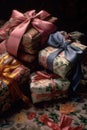 close-up of wrapped gifts with ribbons and bows