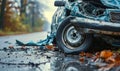 Close-up of a wrecked car\'s damaged front side after a severe road collision, with debris scattered on the asphalt in the Royalty Free Stock Photo