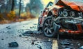 Close-up of a wrecked cars damaged front side after a severe road collision, with debris scattered on the asphalt in the Royalty Free Stock Photo