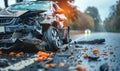 Close-up of a wrecked cars damaged front side after a severe road collision, with debris scattered on the asphalt in the Royalty Free Stock Photo