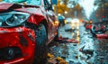 Close-up of a wrecked cars damaged front side after a severe road collision, with debris scattered on the asphalt in the Royalty Free Stock Photo