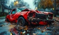 Close-up of a wrecked cars damaged front side after a severe road collision, with debris scattered on the asphalt in the Royalty Free Stock Photo