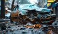 Close-up of a wrecked cars damaged front side after a severe road collision, with debris scattered on the asphalt in the Royalty Free Stock Photo