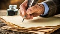 Wrinkled Hand Holding a Quill Pen on an Empty Parchment in The Act of Writing - Generative Ai Royalty Free Stock Photo