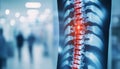 Close up x ray image showing highlighted back pain on the spine with a blurred office backdrop Royalty Free Stock Photo