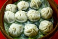 Close-up of the Xiao Long Bao or soup dumpling in bamboo steamers. Royalty Free Stock Photo