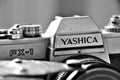 Close up of a Yashica analog camera.