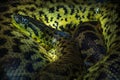 Close up of a Yellow ananaconda rolled up in Haus der Natur, Salzburg