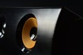 Close up of yellow audio woofer at dark background Royalty Free Stock Photo