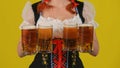 Close up yellow background isolated shot of an unrecognizable young German woman, waitress wearing a traditional costume