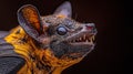 Close-up of a yellow and black bat\'s head, mouth open, dark background Royalty Free Stock Photo