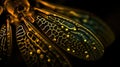 a close up of a yellow and black insect\'s wings and legs with drops of dew on them and a black backg