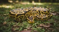 Close-up of a Yellow and Black Patterned Python Snake Coiled on Grass reptile animal Royalty Free Stock Photo