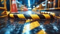 A close up of a yellow and black striped road hazard, AI