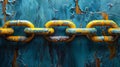 Close-up of a yellow and blue painted chain on a peeling background Royalty Free Stock Photo