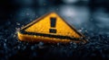 Generative AI Closeup of yellow triangular warning sign with exclamation mark floating in water with drops busines Royalty Free Stock Photo