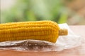 Close up yellow corn on wooden table and nature background. Royalty Free Stock Photo