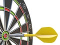 Close up yellow dart arrow on center of dartboard 3D