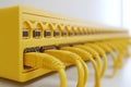 Close up of yellow Ethernet cables plugged into a patch panel symbolizing organized and efficient network infrastructure