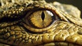 Close up of the yellow eye of a crocodile, made with generative ai