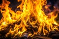 Flames of a fire in the dark. The close-up of yellow fire and dark as a background Royalty Free Stock Photo