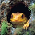 Close up of a yellow frog looking out of a hole in a tree
