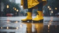 Close up yellow galoshes during the rainy day. Puddles on the street.