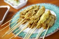 Close up yellow indian pork satay Royalty Free Stock Photo