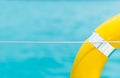 Close-up Yellow life ring hanging on boat with ocean background. Royalty Free Stock Photo