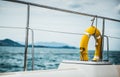 Close-up Yellow life ring hanging on boat with ocean background. Royalty Free Stock Photo