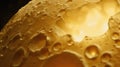 A close up of a yellow moon made of cheese with holes in it, AI