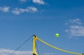 Yellow net filet beach volley ball against blue sky . Relaxing activities on vacation at the sea
